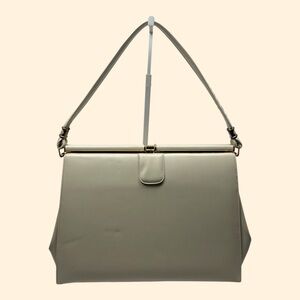 1960s Vintage Cream Faux Leather Handbag with Gold Frame and Comb Holder